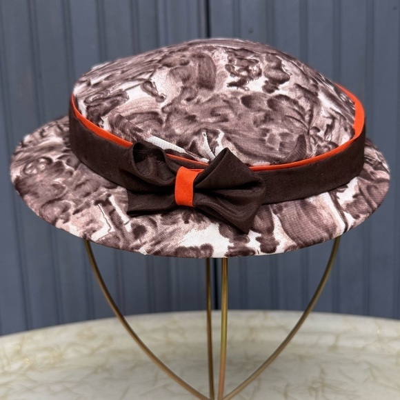Vintage Cloche-Style Brown Printed Hat with Orange Ribbon and Bow, Medium Fit - Picture 10 of 10